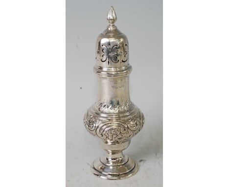 A late Victorian silver pedestal lighthouse sugar caster, having a finial topped pierced dome cover, C-scroll and flower head