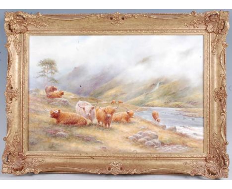 Milwyn Holloway - Highland cattle on a misty mountain  riverbank, polychrome enamel decorated porcelain plaque, signed and da
