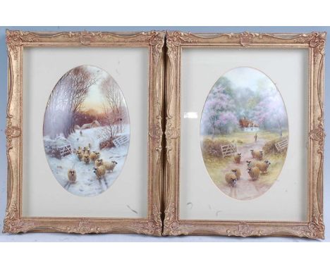 Milwyn Holloway after Joseph Farquharson (1846-1935)- Pair; Winter and Spring, polychrome enamel decorated oval plaques, each