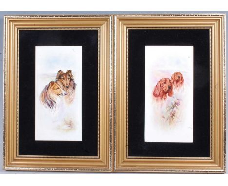 Peter Platt (ex-Royal Worcester) - Pair; German Shepherds and Golden Retrievers, polychrome decorated porcelain plaques, each