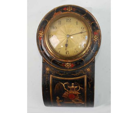 A circa 1900 chinoiserie black lacquered droptrunk wall clock, of small proportions, having engine turned French dial with Ar