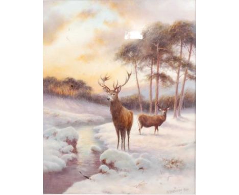 Milwyn Holloway - Stag in  a winter landscape, polychrome enamel on porcelain plaque, signed and dated 1990 lower right, 25 x