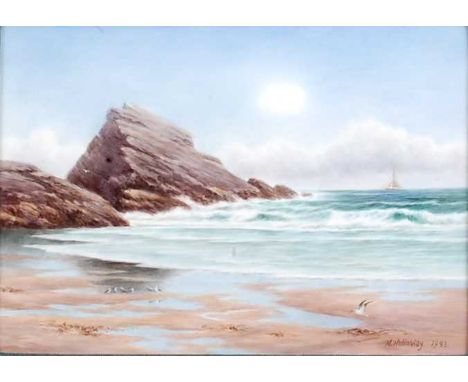 Milwyn Holloway - Ebb-tide, enamel decorated porcelain plaque, signed and dated 1983 lower right, 18 x 25cm, all housed in a 