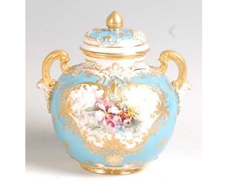 A Royal Worcester porcelain pot pourri vase and cover, of globular form, decorated  with a single reserve of wildflowers by F