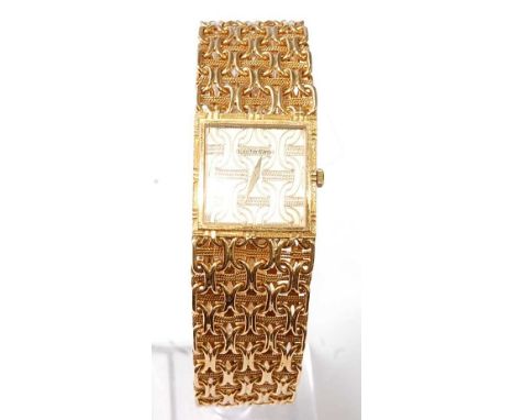 An 18ct yellow gold Bueche Girod manual wind dress watch, comprising a 24mm square textured yellow dial, with an integral mes