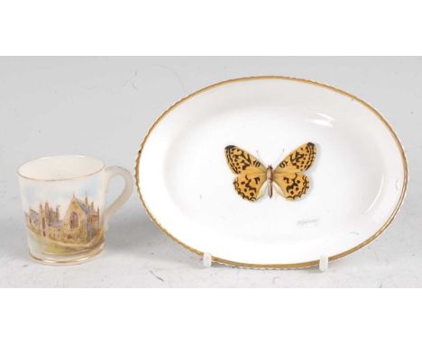 A Royal Worcester porcelain pin tray, decorated with a butterfly by Milwyn Holloway, entitled verso 'Brown Fritillary', w.12c