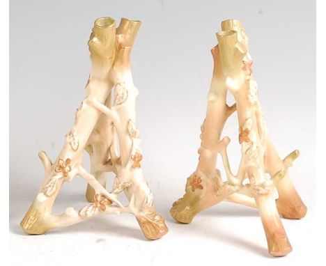 A pair of Hadley Worcester porcelain specimen vases, modelled as three tree trunks and with shot enamel decoration, shape No.
