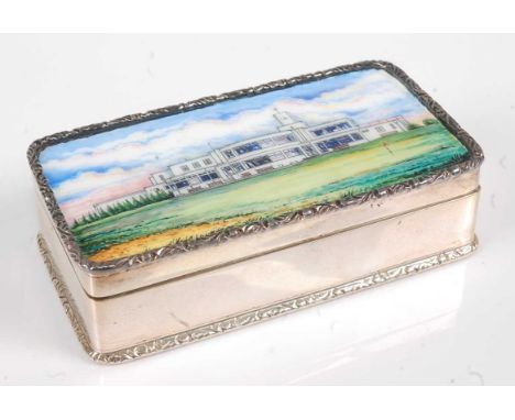 A Garrard &amp; Co silver snuff box commemorating the Royal Birkdale Golf Club the hinged cover enamel decorated with the clu