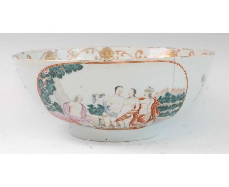An 18th century Chinese famille verte footed bowl, the interior polychrome enamel decorated with European figure scene, the e