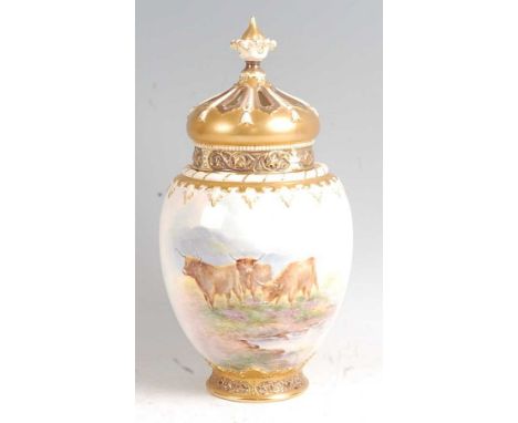 A Royal Worcester crown-top pot pourri jar with inner and outer cover, the whole painted with cattle grazing in a Highland la