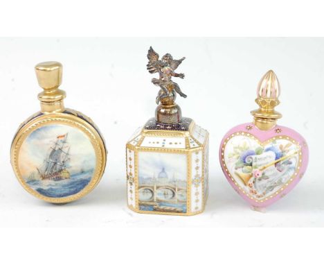 A Lynton Porcelain Company scent bottle, finely enamelled with panel decoration, having a silver top as Pan, h.8cm; together 