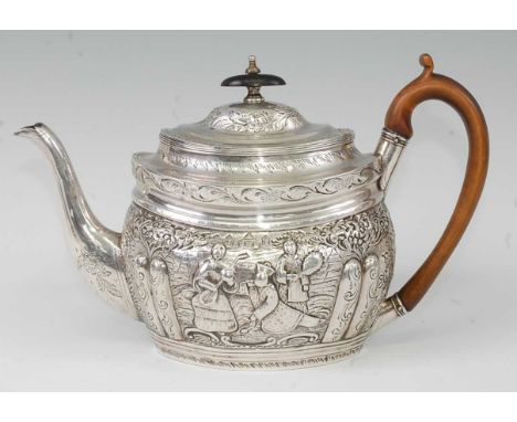 A George III silver teapot, of oval bombe form, the whole later repousee decorated with a Chinese figure landscape within a s