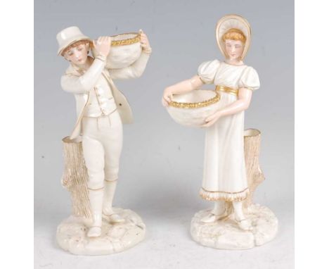 A pair of Worcester porcelain figures, modelled as a boy and girl with baskets, each heightened in gilt, green mark, shape No