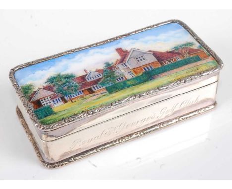 A Garrard &amp; Co silver snuff box commemorating the Royal St Georges Golf Club, the hinged cover enamel decorated with the 