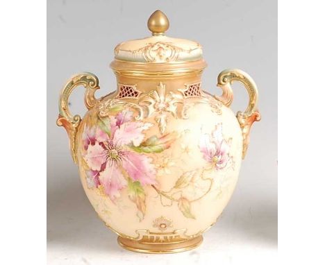 A Royal Worcester porcelain pot pourri vase and cover, decorated with wildflowers in shot enamels on a blush ground, puce bac