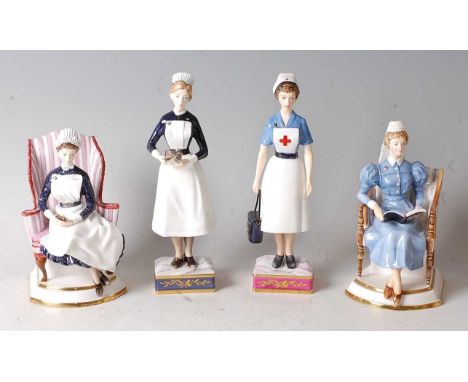 A set of four Royal Worcester porcelain figures of nurses, entitled Sister, University College Hospital, model No.111; Sister