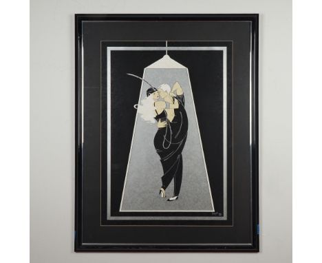 Striking Art Deco-style serigraph by Cuban-American artist Rafael Acevedo, titled Dancing in the Dark. The composition captur
