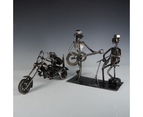 Two-piece lot of welded metal sculptures featuring a stylized musician duo and a chopper motorcycle with rider. The band scul