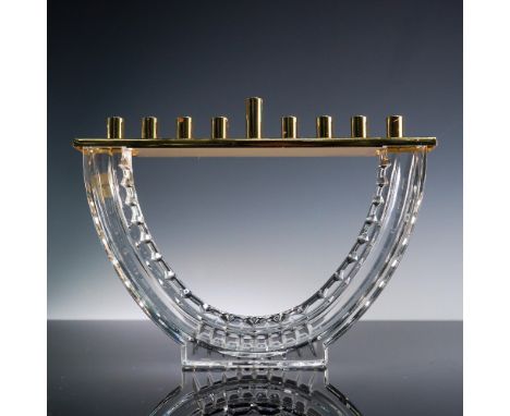 Elegant Judaica menorah by Waterford, featuring a semi-circular clear crystal base with precision-cut facets and geometric de
