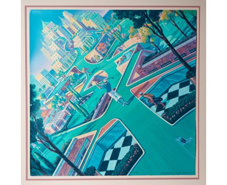 Vibrant serigraph on paper titled 21st Century Golf by American artist Michael Young. The composition transforms a cityscape 
