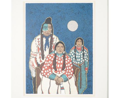 Striking serigraph by Crow Nation artist Kevin Red Star (American, b. 1943), depicting a Native American family against a spe