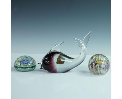 A group of three hand-crafted Murano art glass pieces, each retaining its original foil label marked "Made in Murano Italy." 