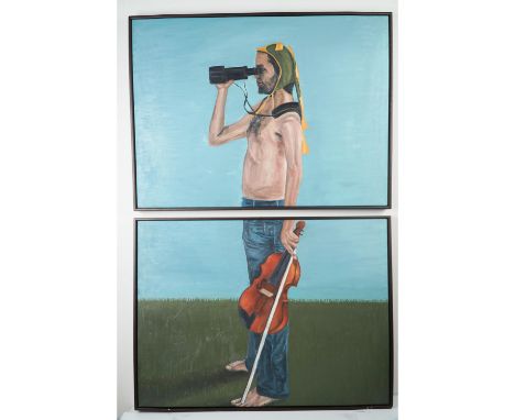 Expressive two-part oil on canvas diptych by artist David Teichner, dated 2015 on verso. The painting features a continuous f