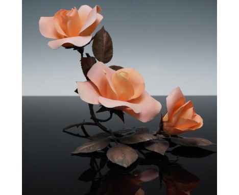 Limited issue Boehm floral sculpture titled Elizabeth of Glamis, featuring three delicately crafted peach-hued roses with bro