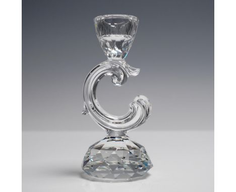 Elegant Swarovski Silver Crystal candleholder featuring a Baroque-style scroll design with a faceted honeycomb-cut base. Made
