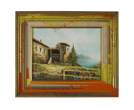 Charming oil painting on canvas depicting a Mediterranean-style hillside scene with stucco buildings, tiled rooftops, stone s