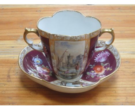 19th CENTURY CONTINENTAL TWO HANDLED CERAMIC CHOCOLATE CUP AND SAUCER, STAMPED AR TO BASE 