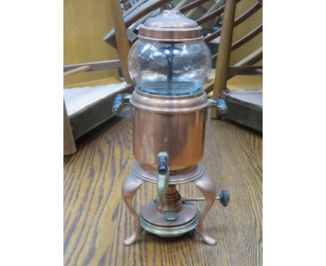 VINTAGE COPPER, BRASS AND GLASS COFFEE GRINDER, ALSO JAM PAN, COPPER KETTLE, FLAT IRONS 