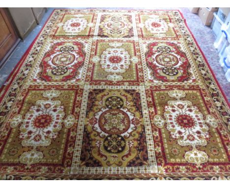 VINTAGE LARGE HENOS DECORATIVE RED FLOOR RUG, APPROXIMATELY 250cm x 340cm 