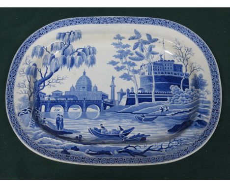 SPODE 19th CENTURY BLUE AND WHITE CERAMIC ASHETTE DEPICTING LONDON THAMES RIVER SCENE, APPROXIMATELY 33cm x 43cm 