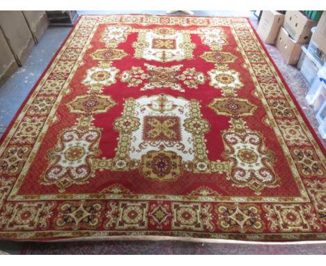 VINTAGE LARGE HENOS DECORATIVE RED FLOOR RUG, APPROXIMATELY 250cm x 340cm