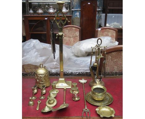 MIXED LOT OF VARIOUS BRASSWARE INCLUDING FIRESIDE TOOLS AND ORIENTAL BELL, ETC. 