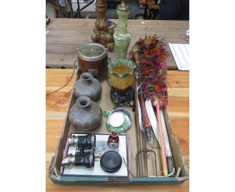 SUNDRY LOT INCLUDING ONYX LAMP, INDIAN VASES AND BINOCULARS, ETC. 