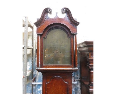 OAK CASED LONGCASE CLOCK WITH BRASS DIAL, BY MILES ABRAHAM, NEWPORT 