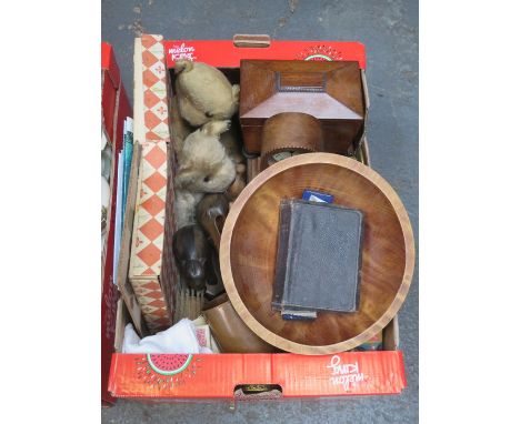 SUNDRIES INCLUDING TREEN BOXES, PAIR OF CARVED ELEPHANTS, CLOCK FOR RESTORATION AND TWO VINTAGE TEDDIES, ETC. 