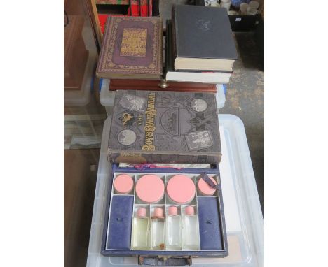 MIXED LOT INCLUDING VINTAGE VANITY BOX, PILGRIMS PROGRESS VOLUME, BOYS WON ANNUAL, INDIAN LEATHER POUCH AND MASONIC APRON 