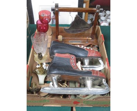MIXED LOT INCLUDING ORIENTAL GONG, ETCHED AND OTHER GLASSWARE AND VINTAGE ICE SKATES, ETC. 