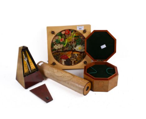 Four treen wooden items. Including a Wittner metronome, a kaleidoscope, a flower press and a jewellery box.