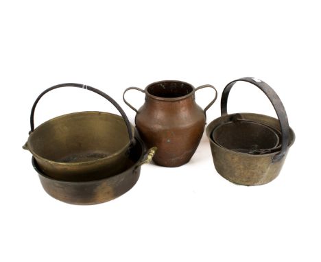 An assortment of metalware. Including a copper twin handled urn, H26.5cm, a copper twin handled pan, a bucket, etc.