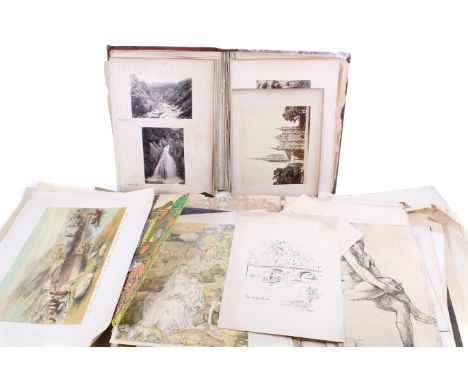 A large assortment of Victorian and later paintings and prints. Including coloured engravings, an album of architectural imag