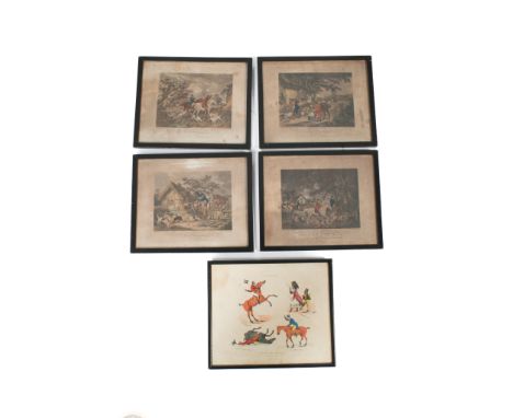 Five 19th century colour hunting prints. Including a set of four titled 'Fox Hunting', , engraved by E Bell, published London