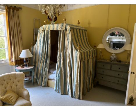 A vintage yellow painted 4" four poster bed frame with canopy and curtains. Including base (200cm x 110cm), height approximat