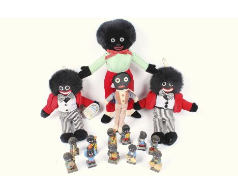 A collection of vintage Robertson's Jam characters. Comprising eleven plaster golly figures and four soft toy gollies. Max. H