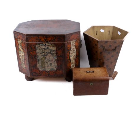 Three vintage wooden items. Comprising a Chinese casket decorated with flowers, a tapered hexagonal waste paper bin and a tea