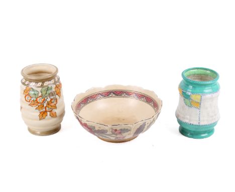 Three Crown Ducal pottery items. Including a tube lined bowl, diameter 25cm, and two vases