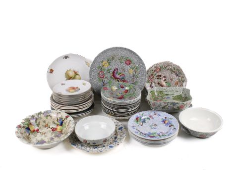 A mixed collection of 19th century transfer printed plates and dishes. Decorated with birds and foliate patterns. Including C